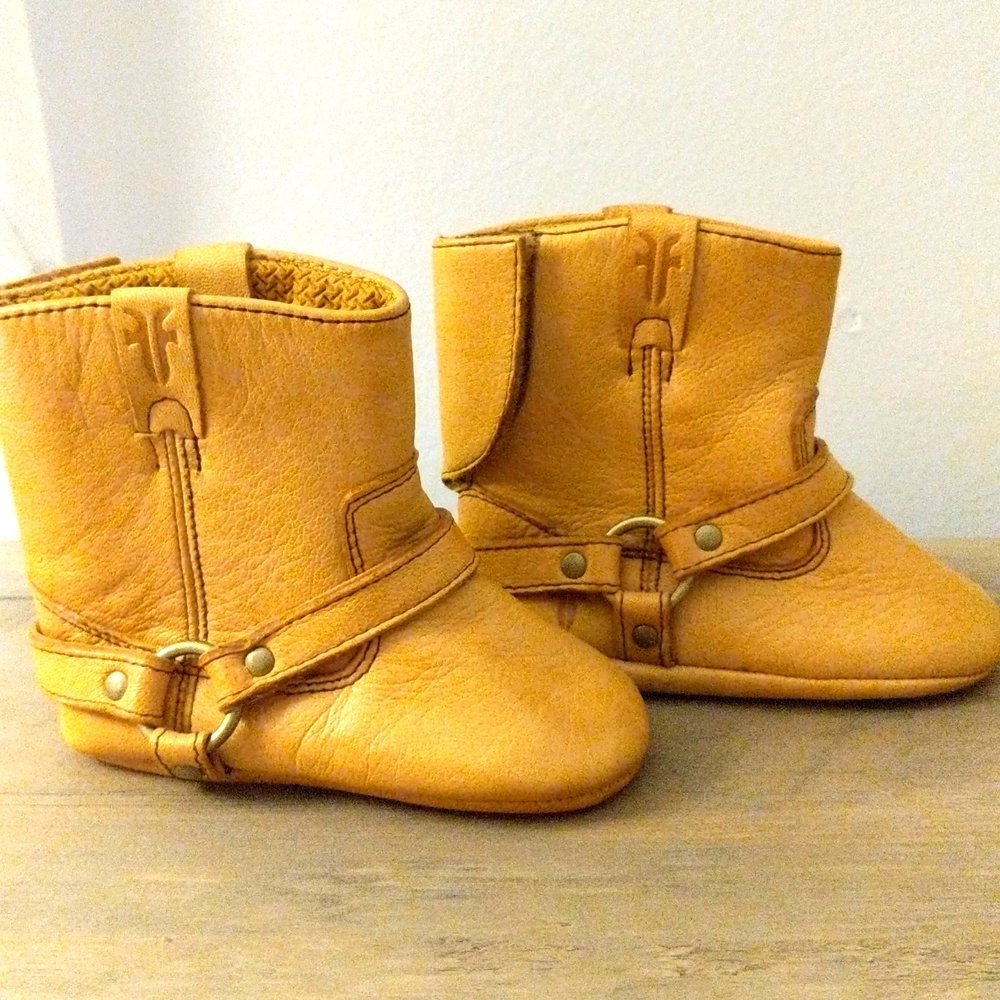 Frye Baby Booties- 2M Tan Leather Harness Boots